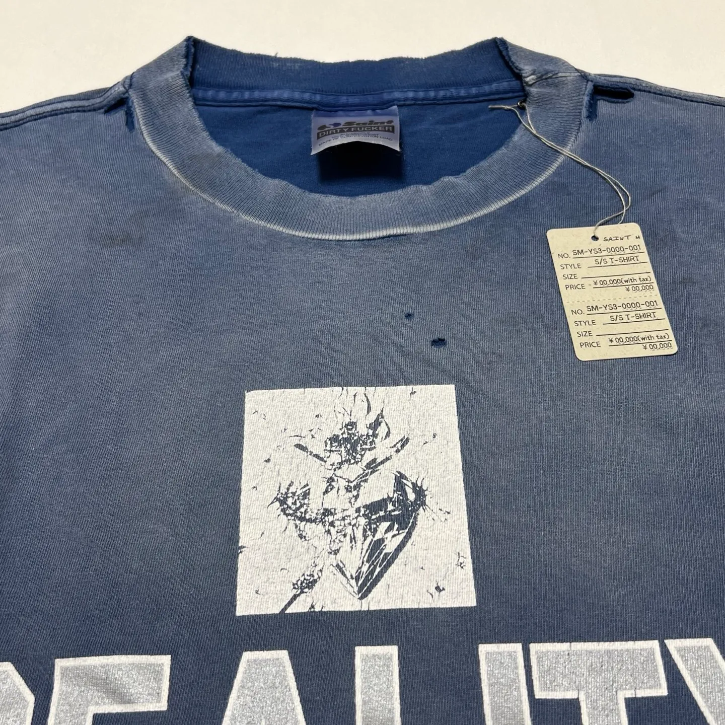 SAINT Mxxxxxx REALITY SCHOOL SS_TEE/NVY slogan distressed short-sleeves, washed blue S-XL, garment dyeing, horse fade, ultra-complex shearing and destruction treatment, correct version, cylindrical fabric, customized original consistent main mark/wash mark, original consistent silver powder printing, distressed treatment